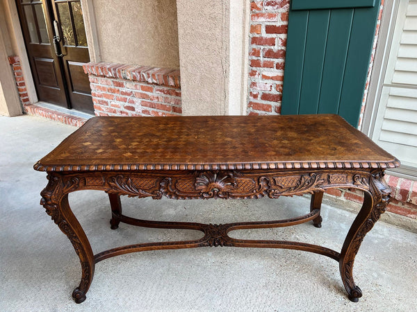Antique French Center Library Table Louis XV Carved Oak Rococo Parquetry c1890