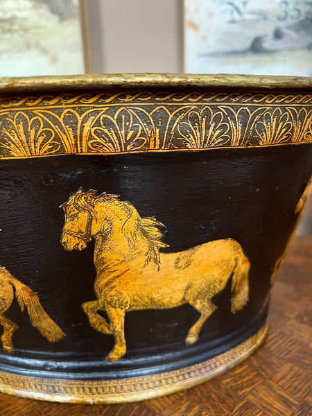 Antique English Planter Jardiniere Horse Equine Black Decoupage Tole Metal c1900