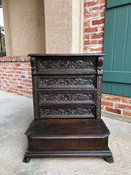 Antique French Gothic Devotional Cabinet Religious Painting Carved Oak Kneeler