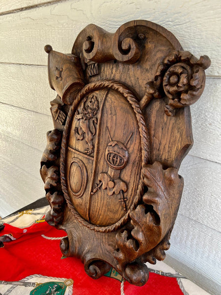 Antique French Gothic Wall Plaque Coat of Arms Carved Oak Renaissance c1890