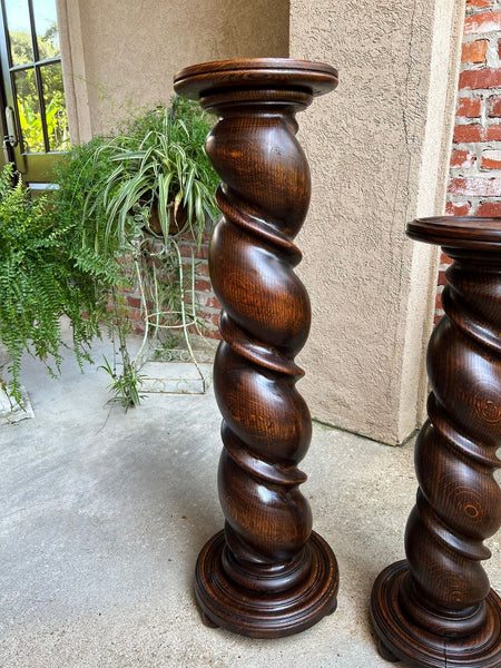 PAIR Set of 2 Antique French Pedestal Stand BARLEY TWIST Oak LARGE Plant Columns