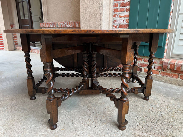 Antique English Wake Dining Table Drop Leaf BARLEY TWIST Jacobean Oak Console