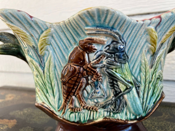 PAIR Antique French Majolica Jardinières Insect Musician Cache Pot Planter c1880