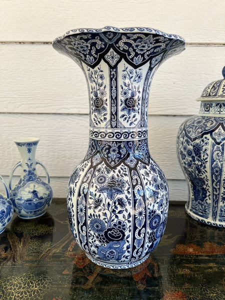 Vintage Large Delft Trumpet Vase Blue and White Floral Boch Royal Sphinx Urn