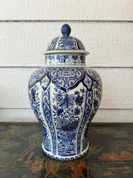 Vintage Large Delft Ginger Jar Vase Blue & White Floral Royal Sphinx Lidded Urn