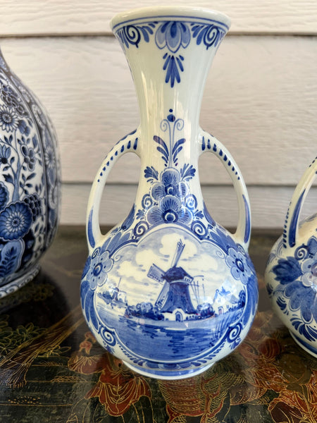 PAIR Petite Vintage Delft Vases Blue & White Windmilll Hand Painted Bud Vases