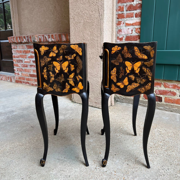 PAIR French Bedside Cabinets Chinoiserie Butterfly Gilt Lacquer Tables