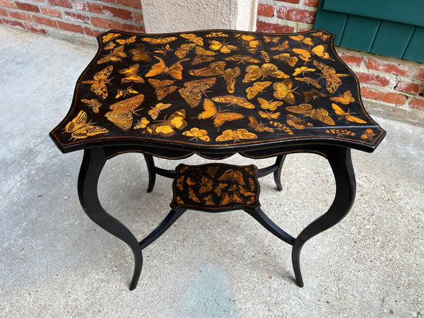 Vintage French Side Table Chinoiserie Butterfly Black Lacquer Hollywood Regency