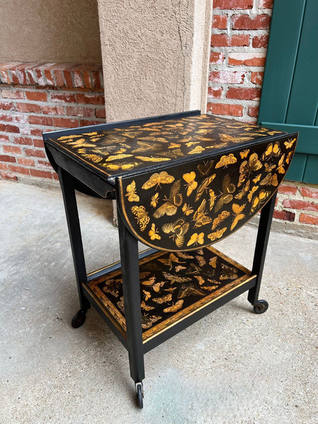 Vintage English Bar Cart Trolley Drop Leaf Chinoiserie Butterfly Lacquer Table