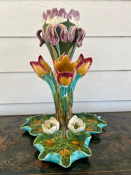 Antique French Majolica Vase Centerpiece Onnaing Art Nouveau Iris Tulip c1900