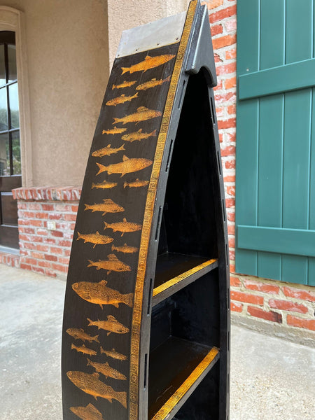 English Boat Form Etagere Black Lacquer Fish Decoupage Collection Bookshelf