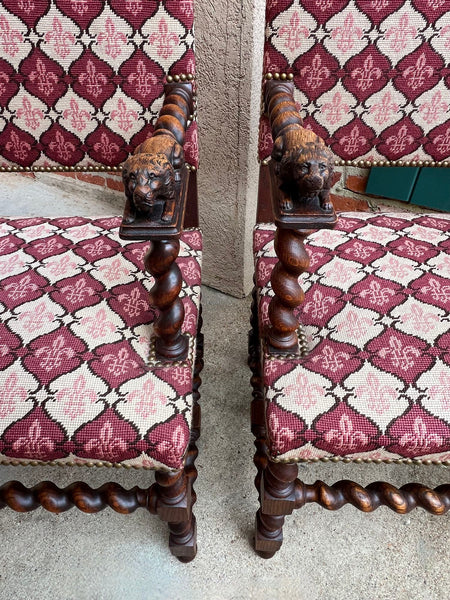 Pair SET Antique French Arm Chair Barley Twist Oak Renaissance Lion Fleur De Lis