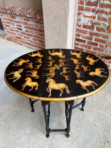 Antique English Drop Leaf Side Table Horse Equestrian Chinoiserie Petite Oak