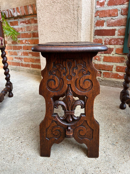 Antique French Bench Stool Gothic Renaissance Carved Oak Trestle Fleur de lis