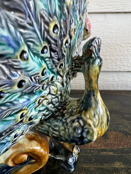 Antique French Majolica Jardinière Planter Peacock Onnaing Large Cache Pot c1880