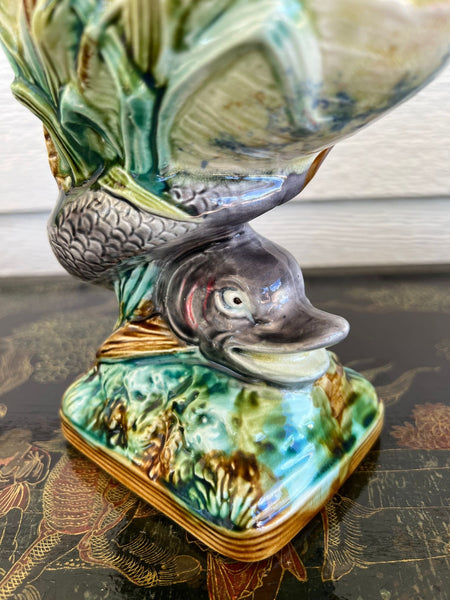 Antique Majolica Vase Bowl Dolphin Nautilus Shell English Royal Worcester c1870