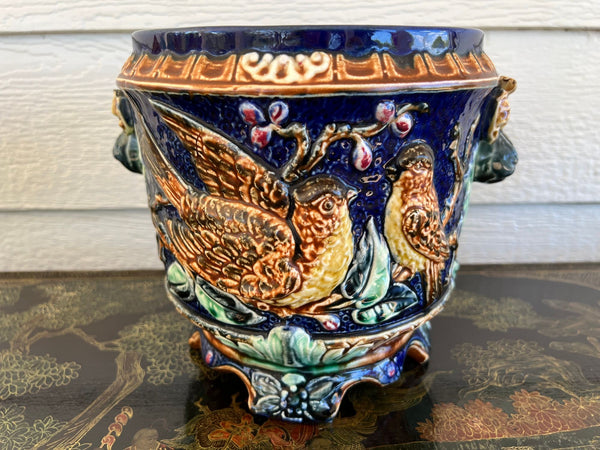 Antique Majolica Bird Planter Cache Pot Jardinière Cobalt Blue Wasmuël c1890