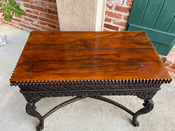 Antique Foyer Hall Table British Colonial Carved Wood Leather Flip Top Burmese