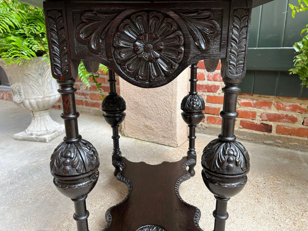 Antique English Side Sofa Table Ebonized Carved Oak Baroque Two Tier Tudor