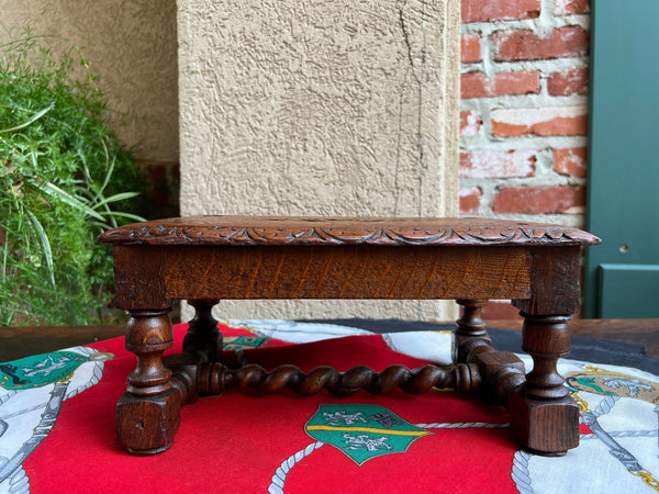 Antique English Kettle Stand Footstool Barley Twist Carved Oak Display Stool