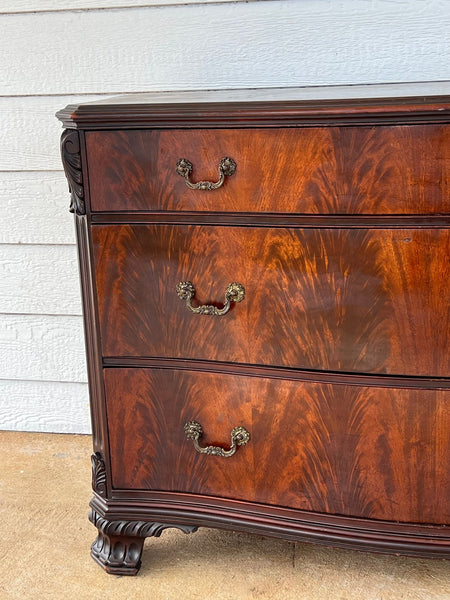 Antique Georgian Revival Chest of Drawers Flame Mahogany Serpentine Carved c1940