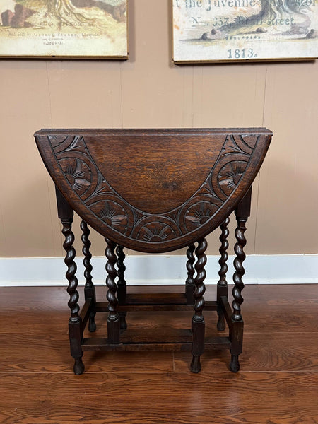 PETITE Antique English Side Sofa Table Barley Twist Drop Leaf Gateleg Carved Oak