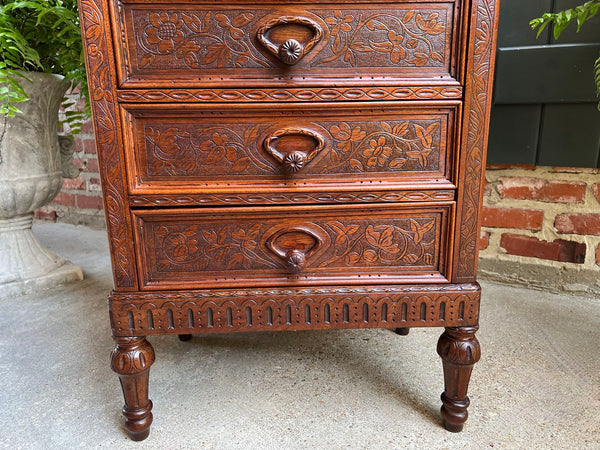 Antique English Victorian Wellington Chest of Drawers Campaign Carved Oak