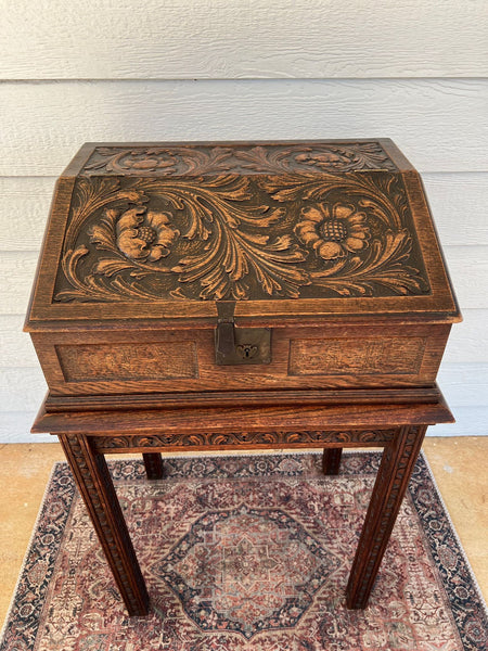 Antique English Slant Top Bible Box Desk Stand Jacobean Carved Oak Lectern c1890