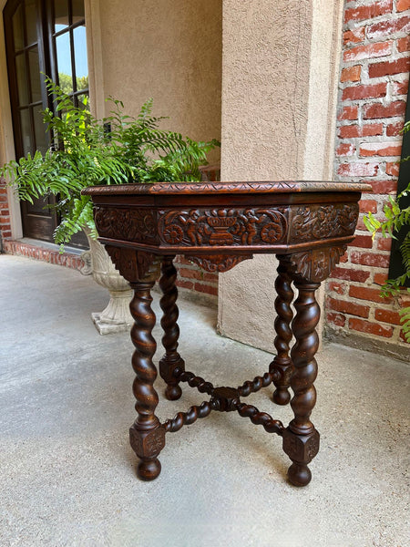 Antique French Octagon Sofa Table Carved Oak Barley Twist Louis XIII Renaissance