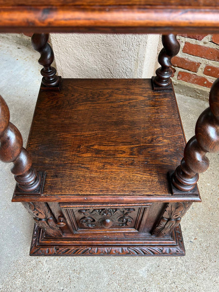 Antique French Side End Table Cabinet BARLEY TWIST Carved Oak Renaissance Marble