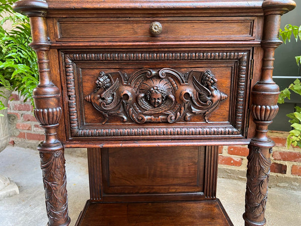 Antique French Side End Table Cabinet Carved Oak Renaissance Spindle Gallery