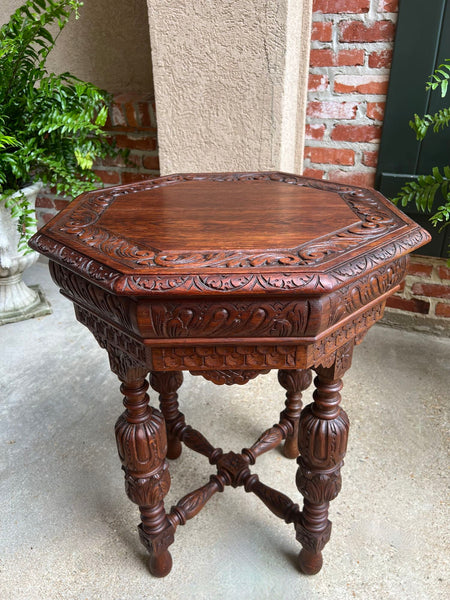 Petite Antique French Octagon Center Side TABLE Renaissance Carved Oak