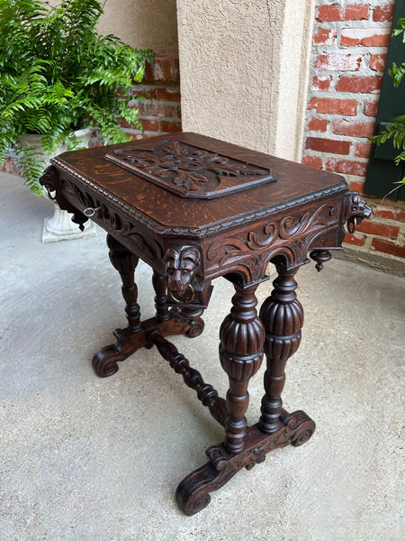 Antique French Console Side Table Renaissance PETITE Gothic Carved Oak c1880