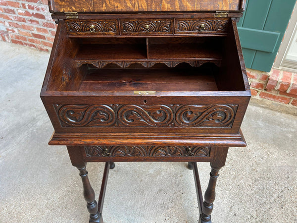 Antique English Slant Front Desk Display Stand Jacobean Carved Tiger Oak Lectern