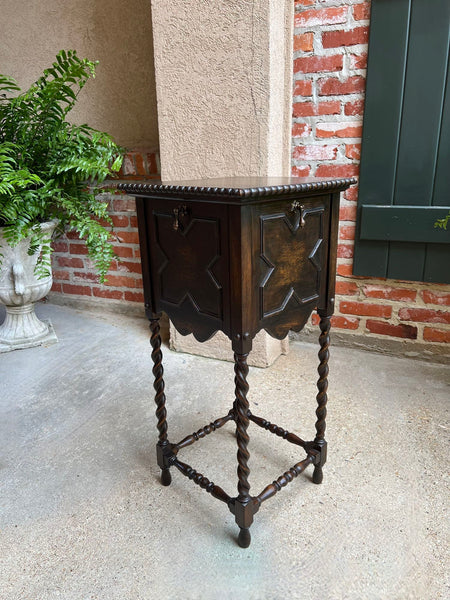 Antique English Square Table Plant Stand Jacobean BARLEY TWIST Cabinet Dark Oak