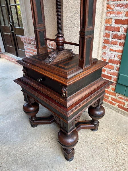 Antique English Book Press Table Renaissance Carved Oak Ebonized Cabinet c1880