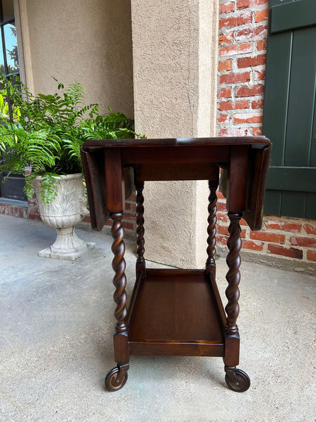 Antique English Tea Trolley Drinks Cart Barley Twist Dumbwaiter Drop Leaf Table