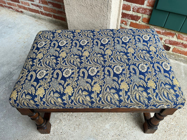 Antique English Oak Bench Upholstered Window Seat Jacobean Revival c1920