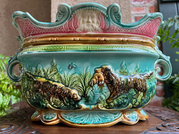 Antique French Majolica Barbotine Jardinière Hunt Dog Onnaing Cache Pot Planter