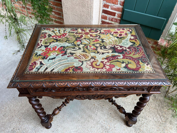 Antique French Sofa Table Writing Desk Barley Twist Carved Renaissance Tapestry