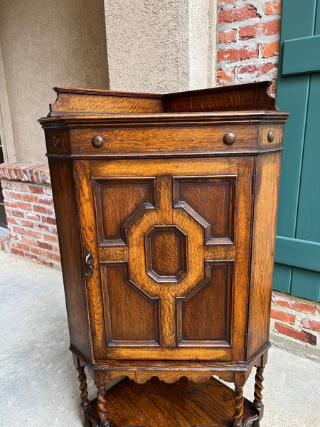 Antique English Tiger Oak Corner Cabinet Barley Twist Jacobean Arts & Crafts
