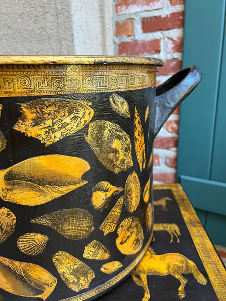 LARGE Antique English Planter Cachepot Black Metal Lacquer SHELL Decoupage c1890