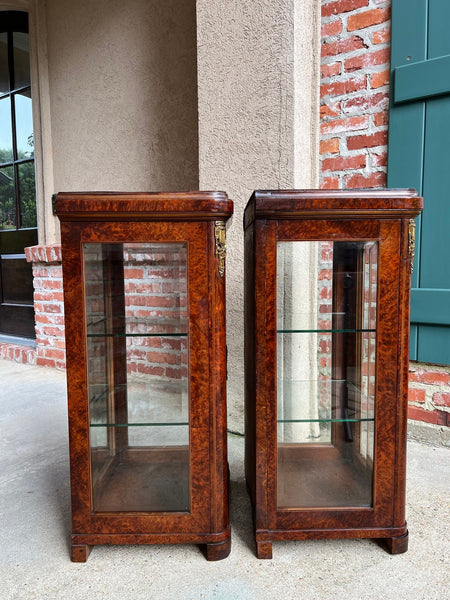 PAIR Antique French Glass Vitrine Display Cabinets Burl Mahogany Mirror c1900