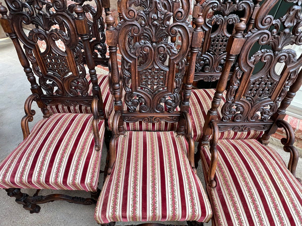 Set 6 Antique French Dining Chairs Renaissance Revival Tall Open Carved Oak SIX