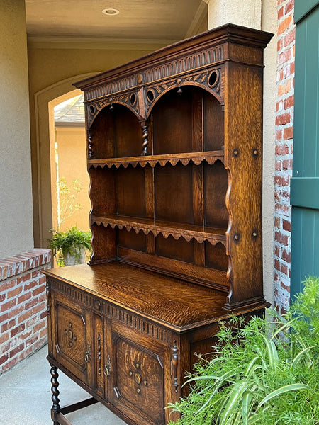 Antique English Welsh Dresser Sideboard Barley Twist Carved Tiger Oak Farmhouse