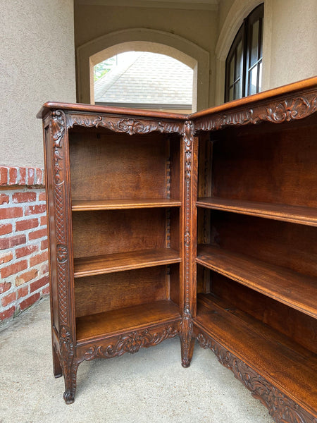 Antique French Corner Bookcase Carved Oak Louis XV Revival Open Shelves c1920
