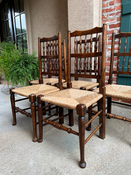 Set 5 Vintage English Oak Dining Side Chairs Rush Seat Lancashire Spindle Back