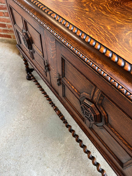 Antique English Sideboard Server Buffet BARLEY TWIST Carved Tiger Oak Jacobean