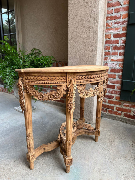 Antique French Louis XVI Console Table Foyer Demilune Carved Bleached Wood c1890