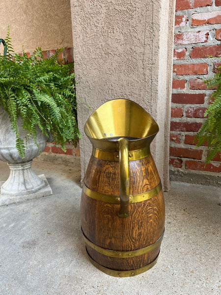 Antique Large French Country Oak Pitcher Brass Band Wine Barrel Umbrella Stand